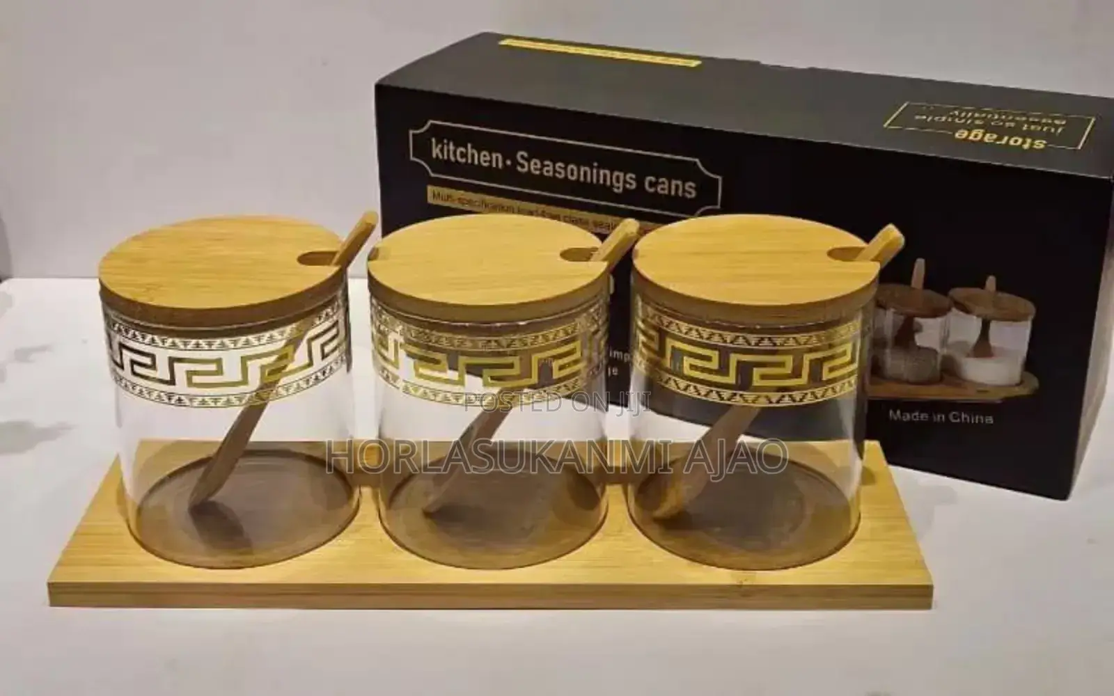3pcs Condiment Jars Set With Bamboo Lid,Spoon Rack 