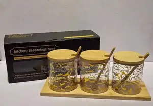 3pcs Condiment Jars Set With Bamboo Lid,Spoon Rack 