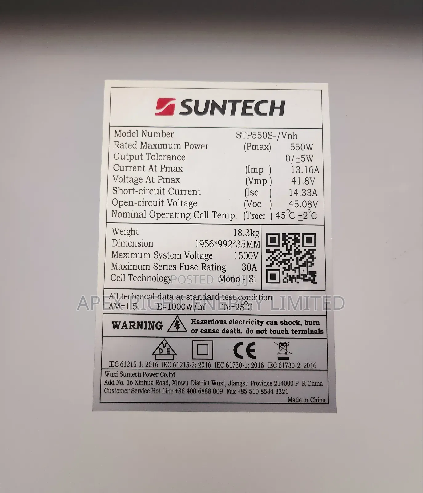 550watts Suntech Mono Crystalline Panel
