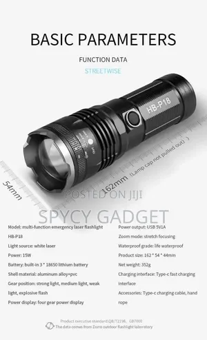High Power Laser Flashlight Telescopic Zoom for Camping