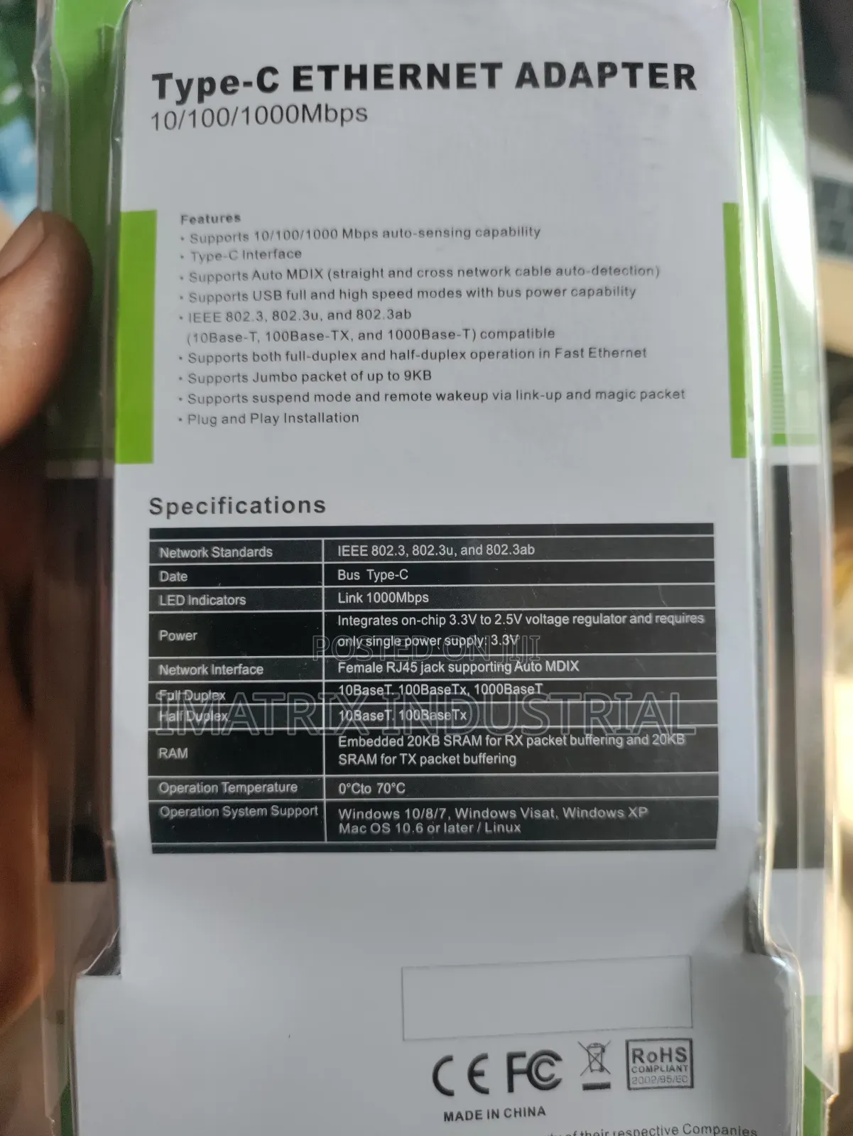 Type C to Ethernet Adapter 10/100/1000mbps