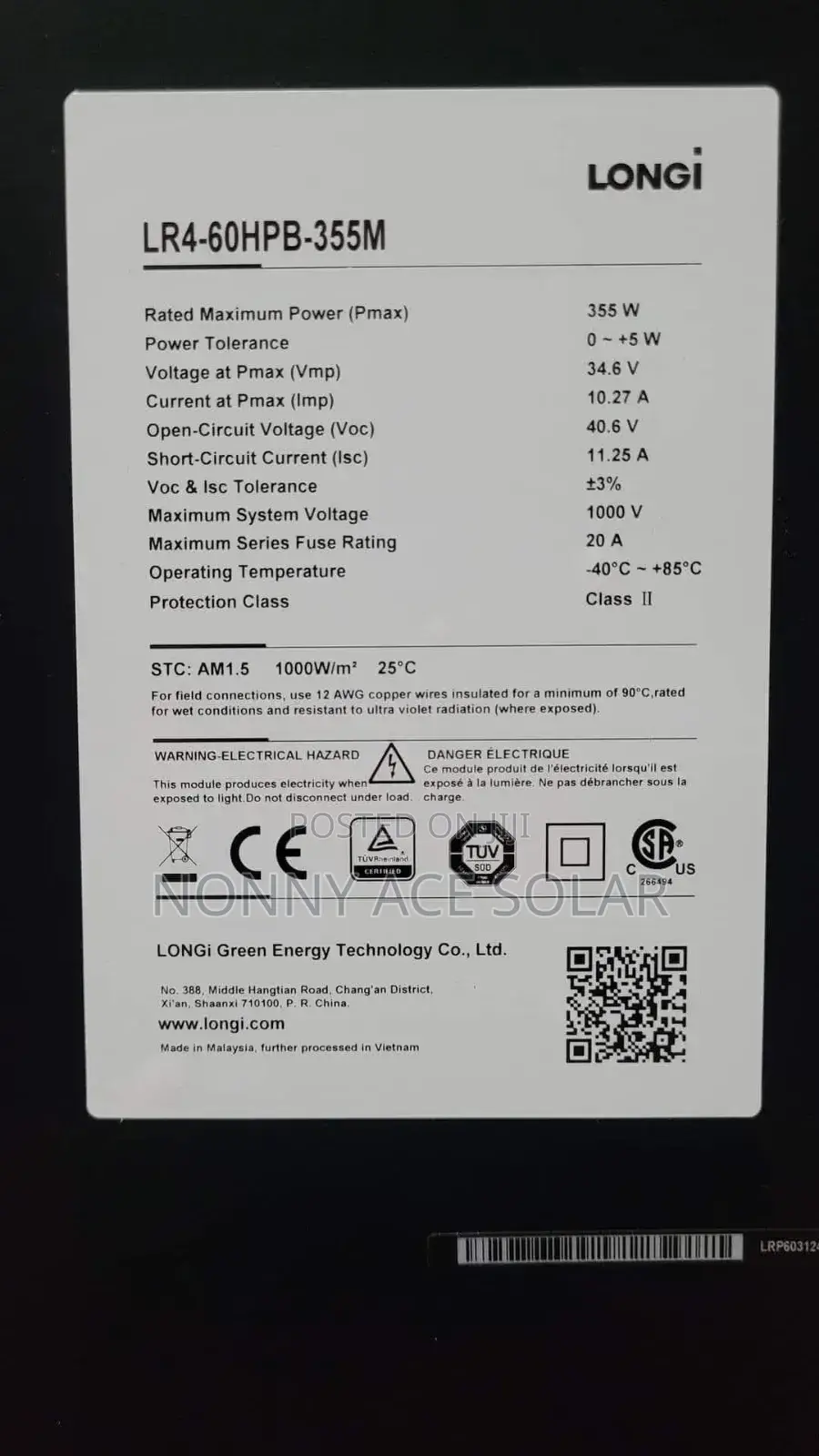 Longi 355watts All Black Half Cut Mono Solar Panel