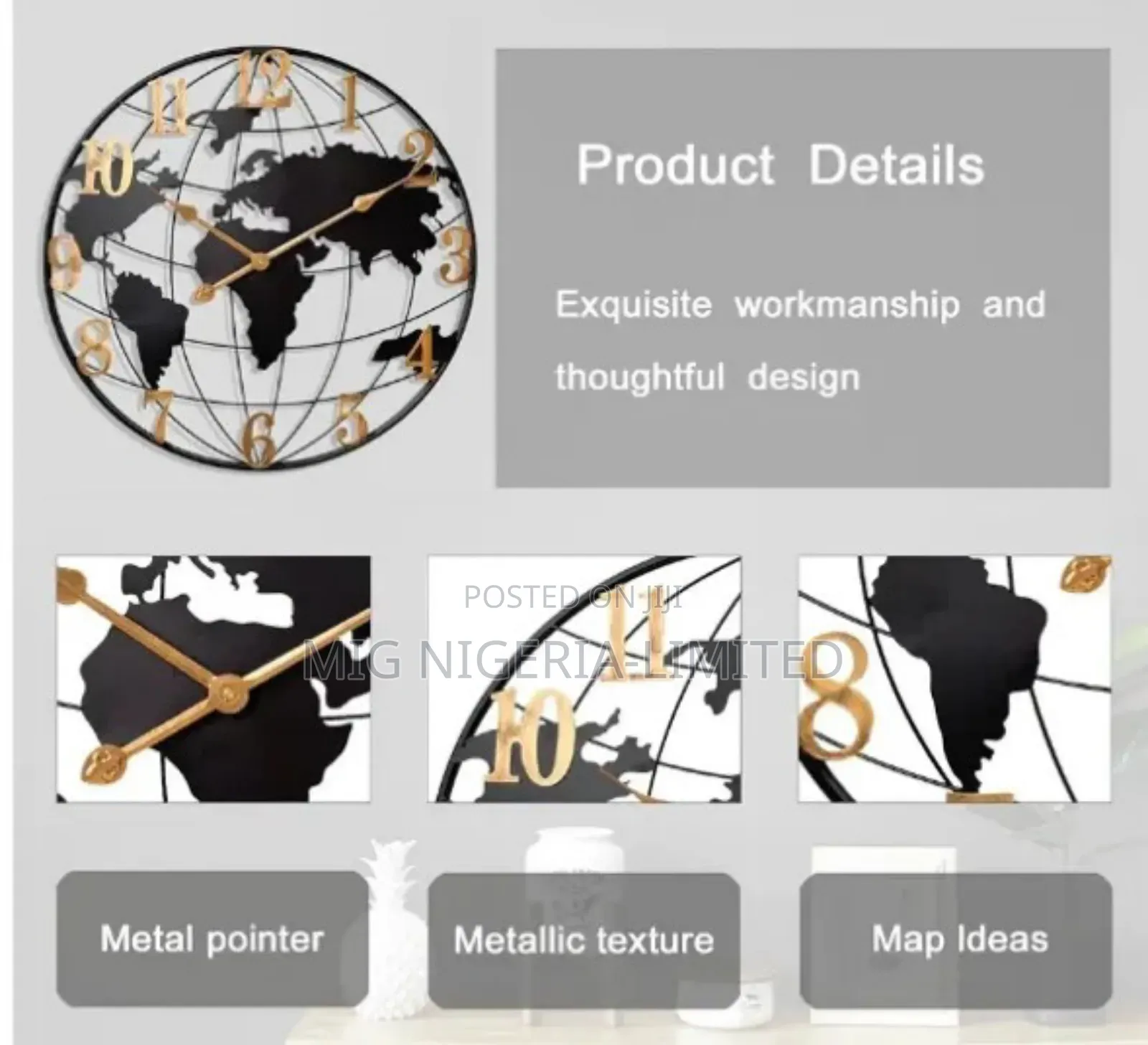 Iron Silent Wall Clocks Black 60cm World Map Decoration