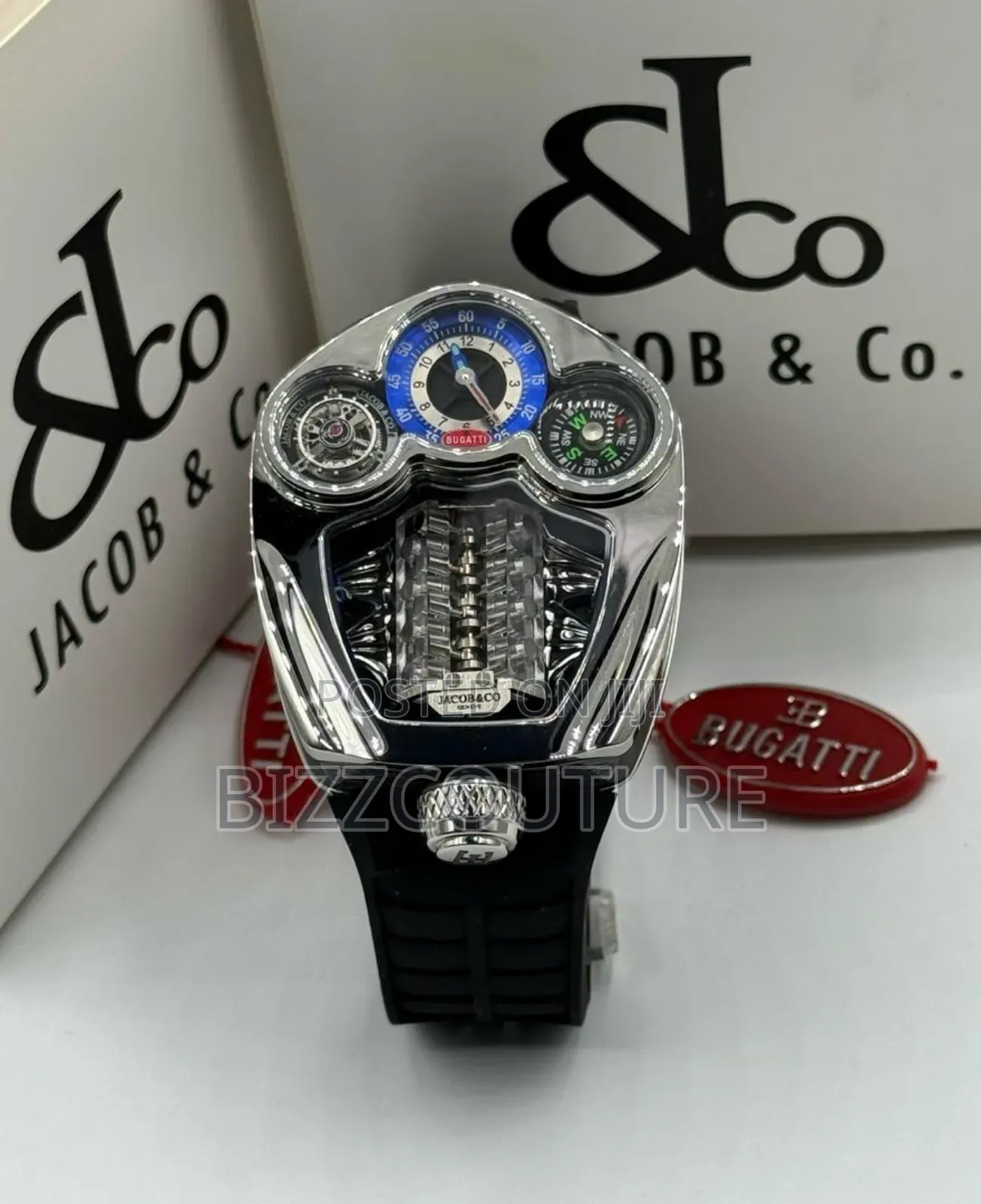 Original Jacob Co Bugatti Black Rubber Strap Watch
