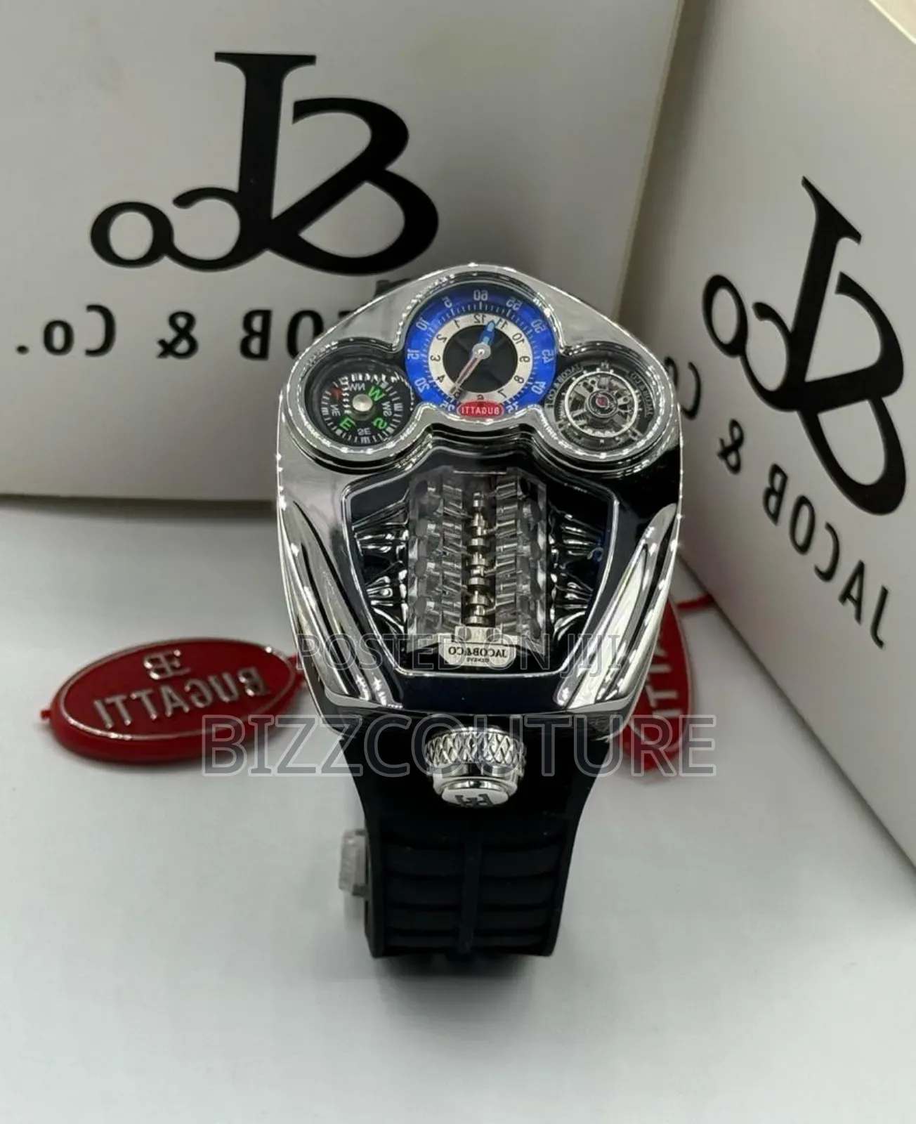 Original Jacob Co Bugatti Black Rubber Strap Watch