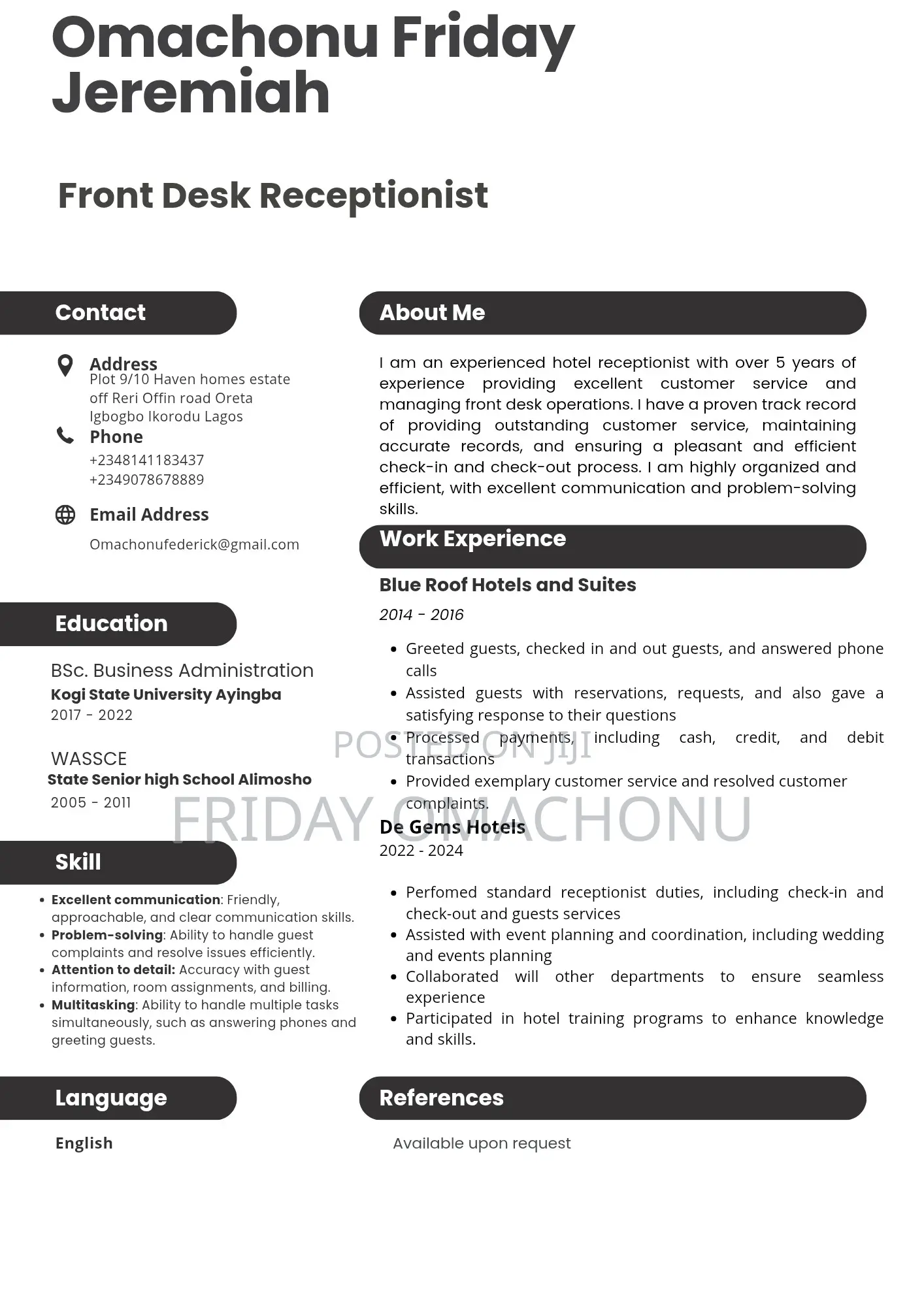 Receptionist in Hotel
