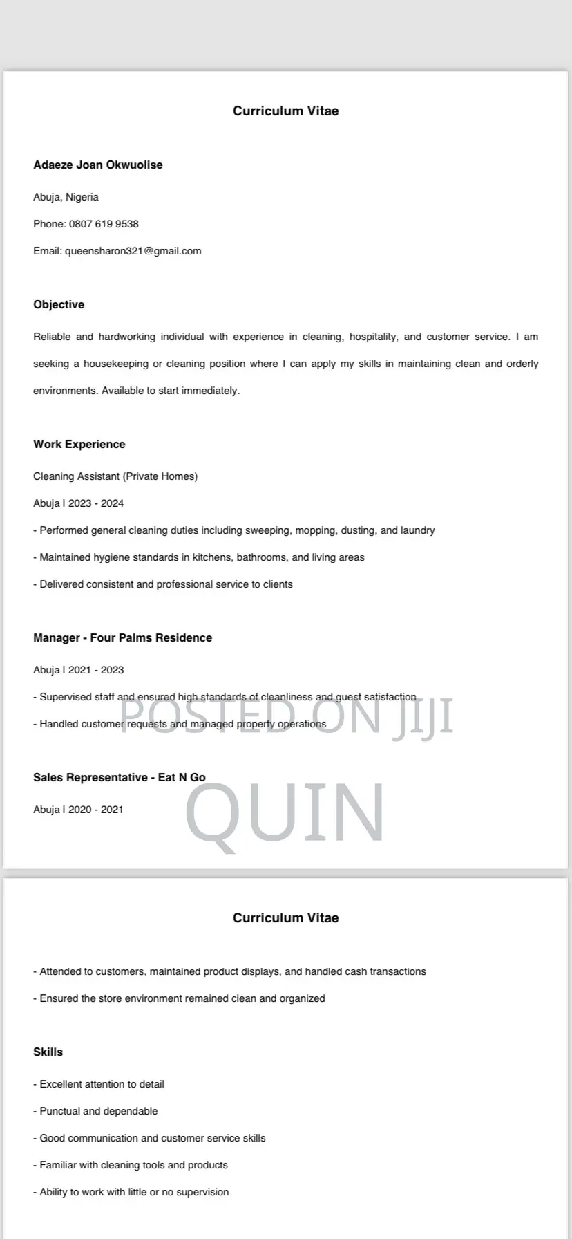 Housekeeping Cleaning CV