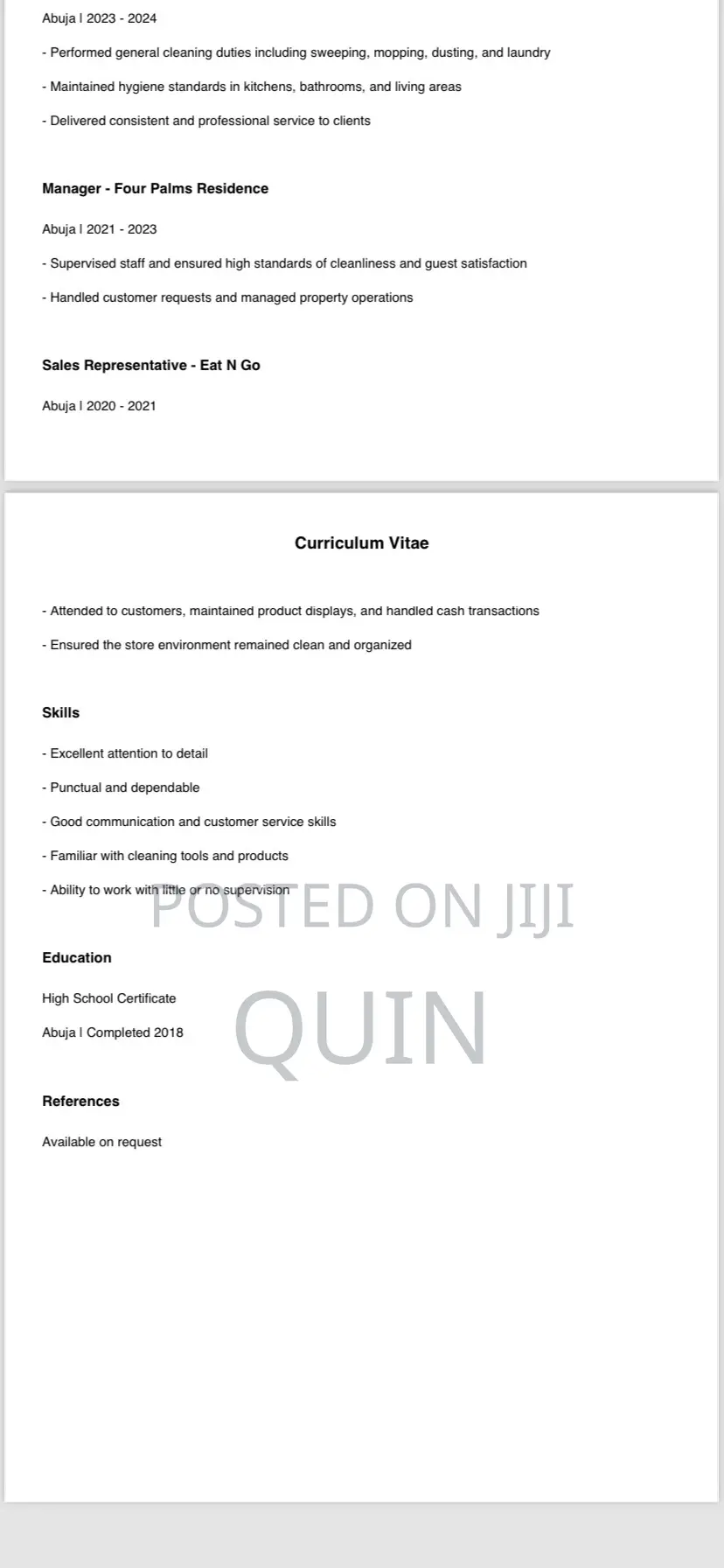 Housekeeping Cleaning CV
