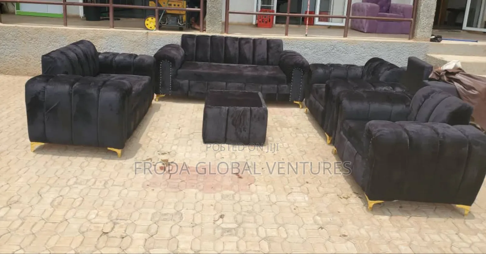 7 Seaters Sofa Chairs And Table. Black Fabric Couch