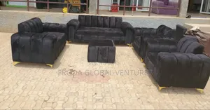 7 Seaters Sofa Chairs And Table. Black Fabric Couch