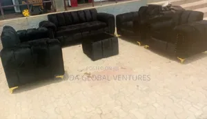 7 Seaters Sofa Chairs And Table. Black Fabric Couch