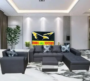 L-Shape Sofa and Single Chair Plus Puffy Table. Fabric Couch. Abk
