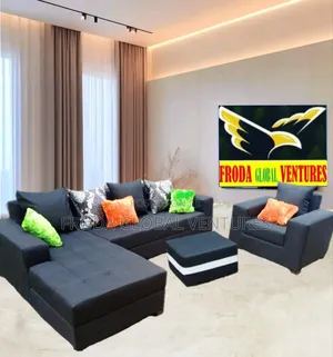 L-Shape Sofa and Single Chair With Puffy Table. Fabric Couch. Ebn08