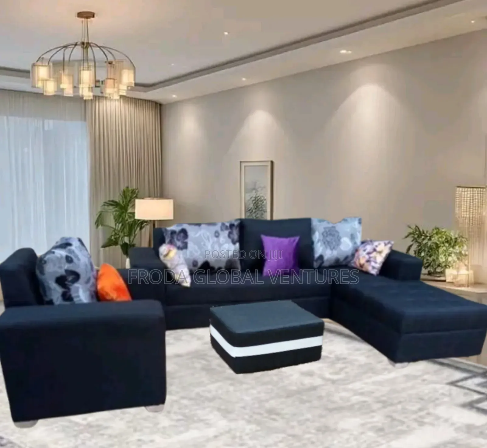 L-Shape Sofa With Table. Black Fabric Couch. Flsblfl5