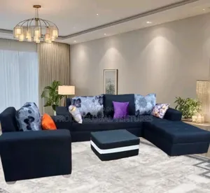 L-Shape Sofa With Table. Black Fabric Couch. Flsblfl5