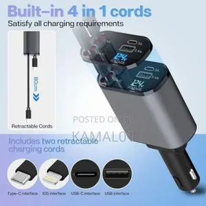 4in1 Retractable Car Charger 120 W Super Fast Phone Charge