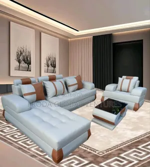 Beautiful Leather Couch. L-Shape Sofa + Single Chair + Table
