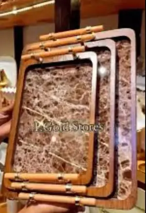 3 Set Wooden Tray With Gold Color Handle