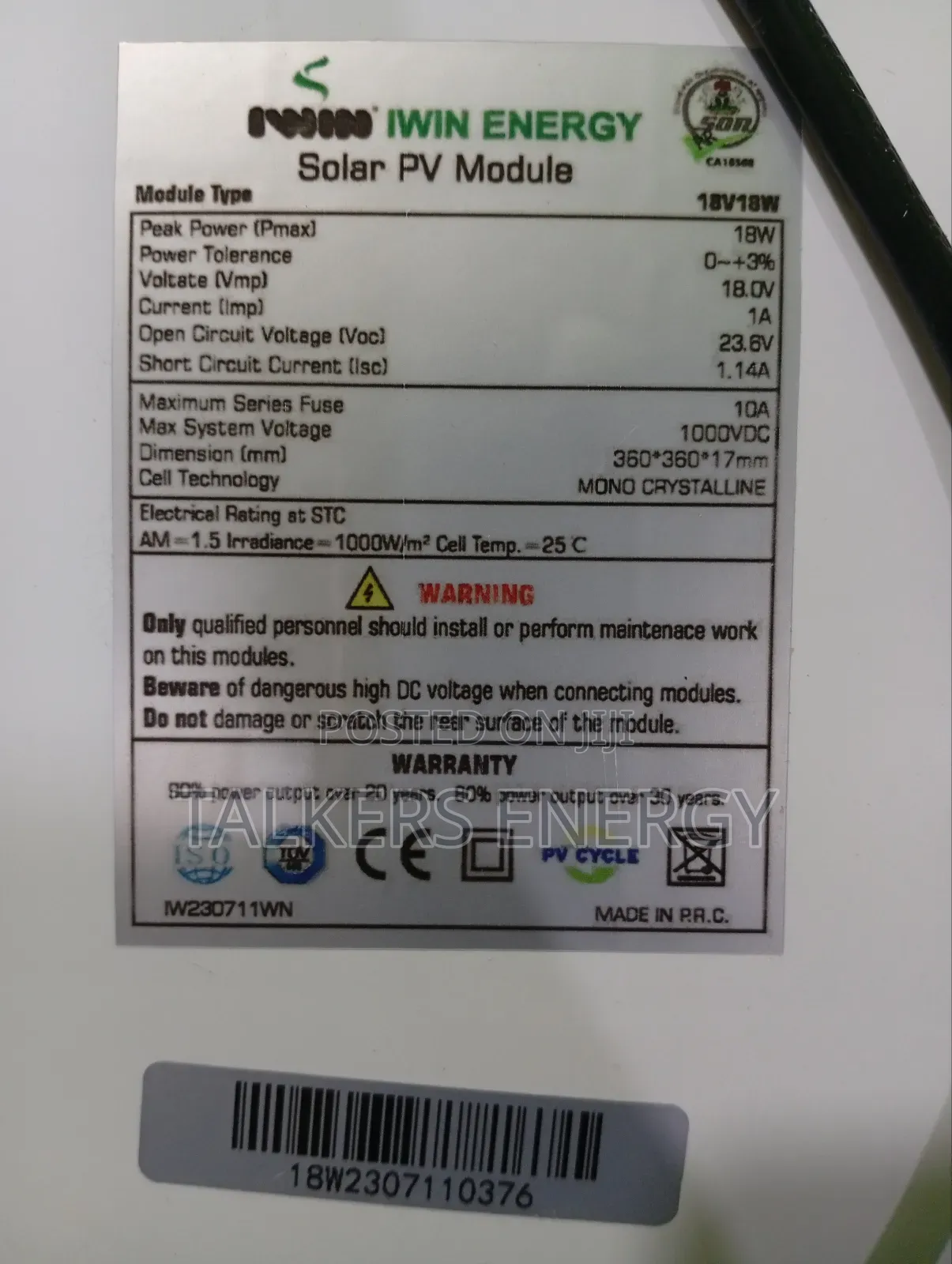 Iwin Energy 18v 18w Solar Panel For Fan