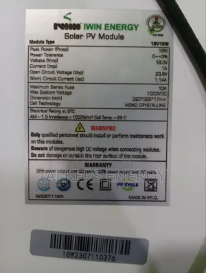 Iwin Energy 18v 18w Solar Panel For Fan