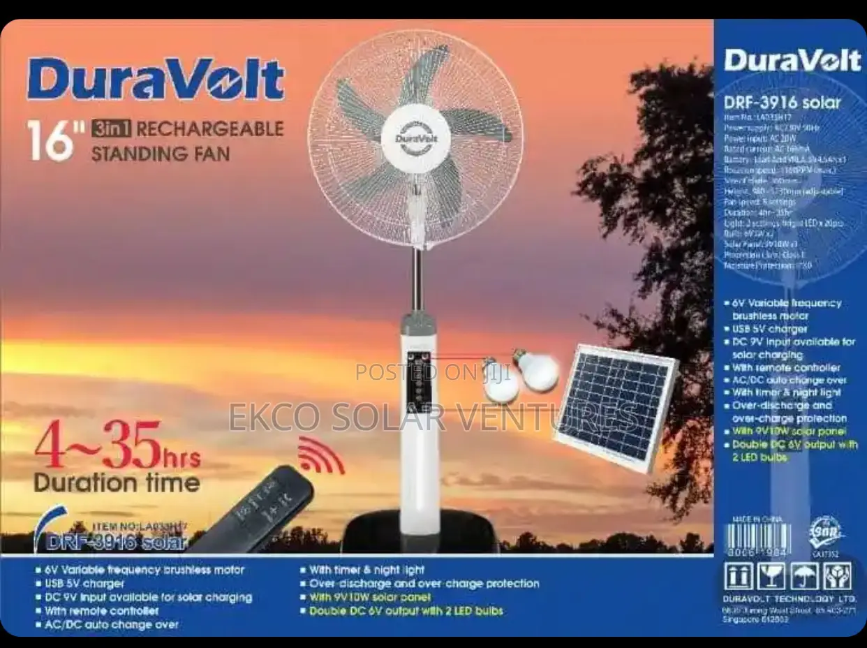 Duravolt 16′′ Rechargeable Fan With Panel and Bulb