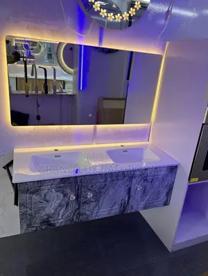 Photo - Modern Double Sink Vanity With Led Mirror – Marble Finish