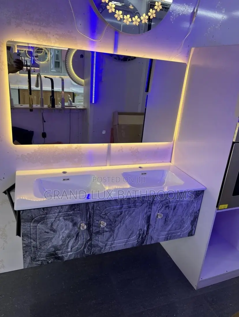 Modern Double Sink Vanity With Led Mirror – Marble Finish