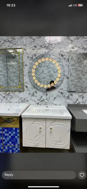 Photo - Elegant Single Sink Vanity With Floral Led Mirror Marble