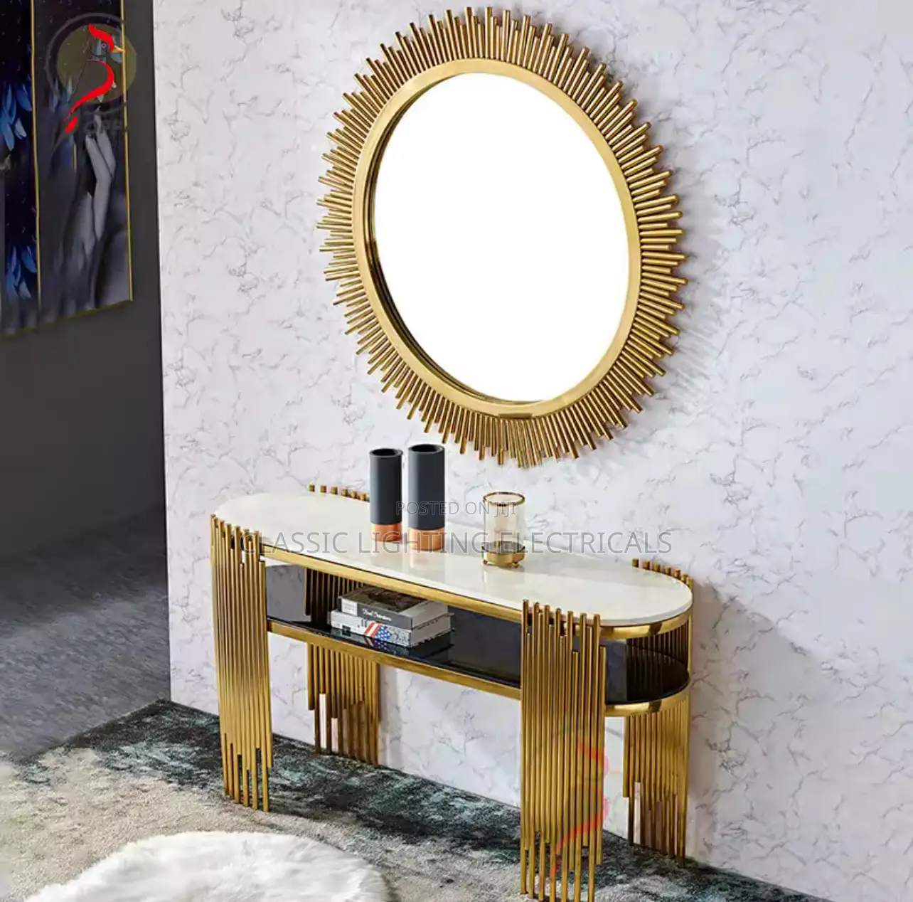 Luxury Gold & Silver Sun Artificial Marble Slab Console