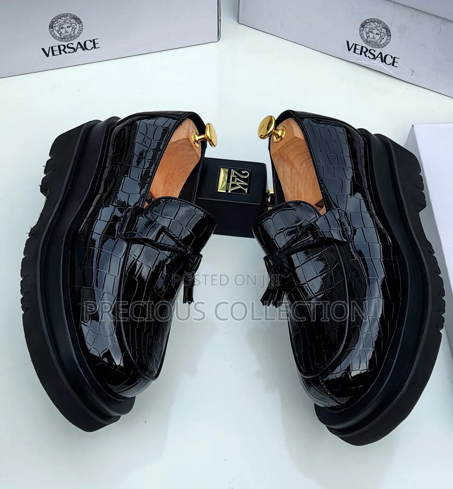 Versace Bow Glossy Leather Double Sole Pull on Loafers