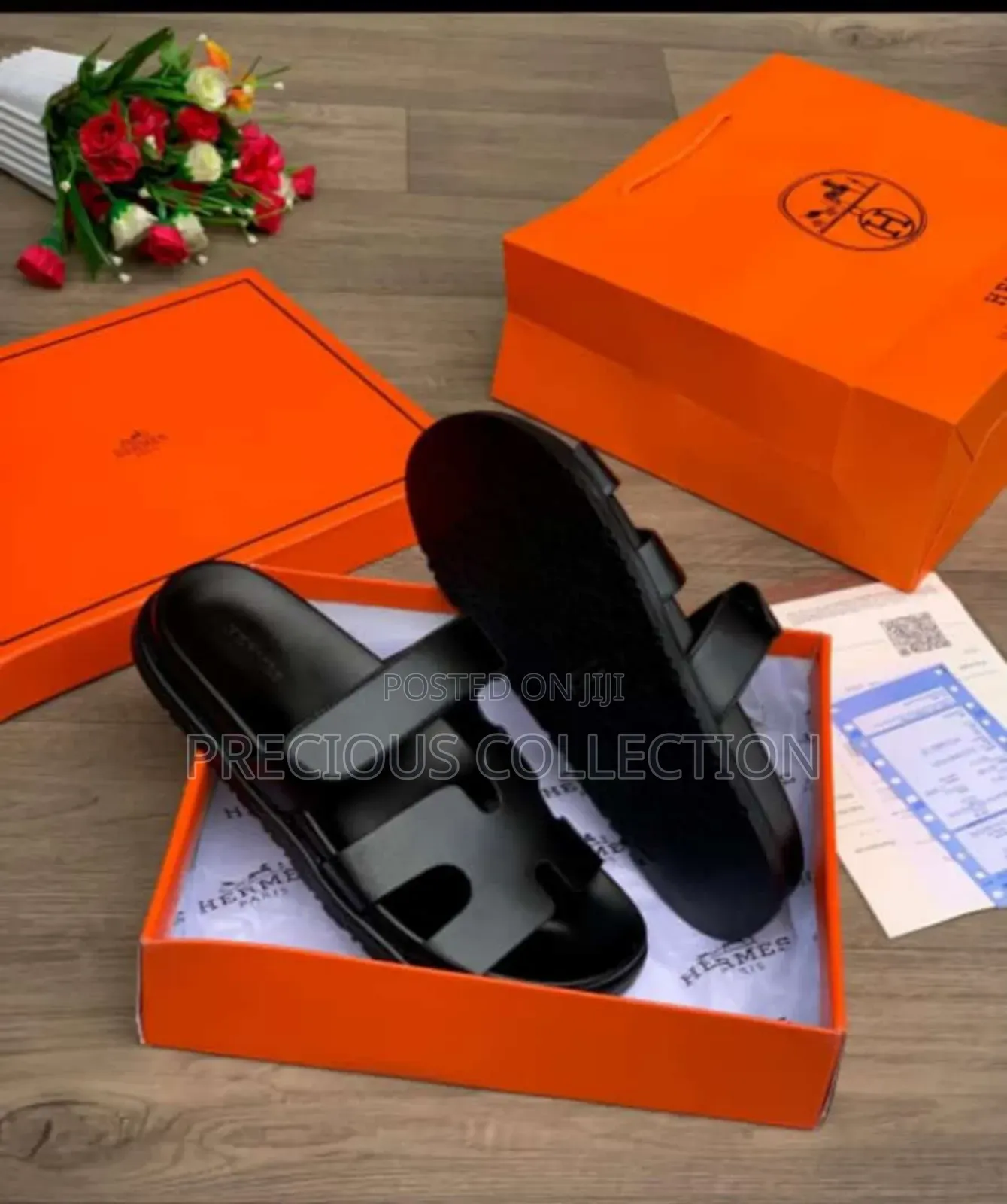 Ladies Hermes Leather Strap Slides