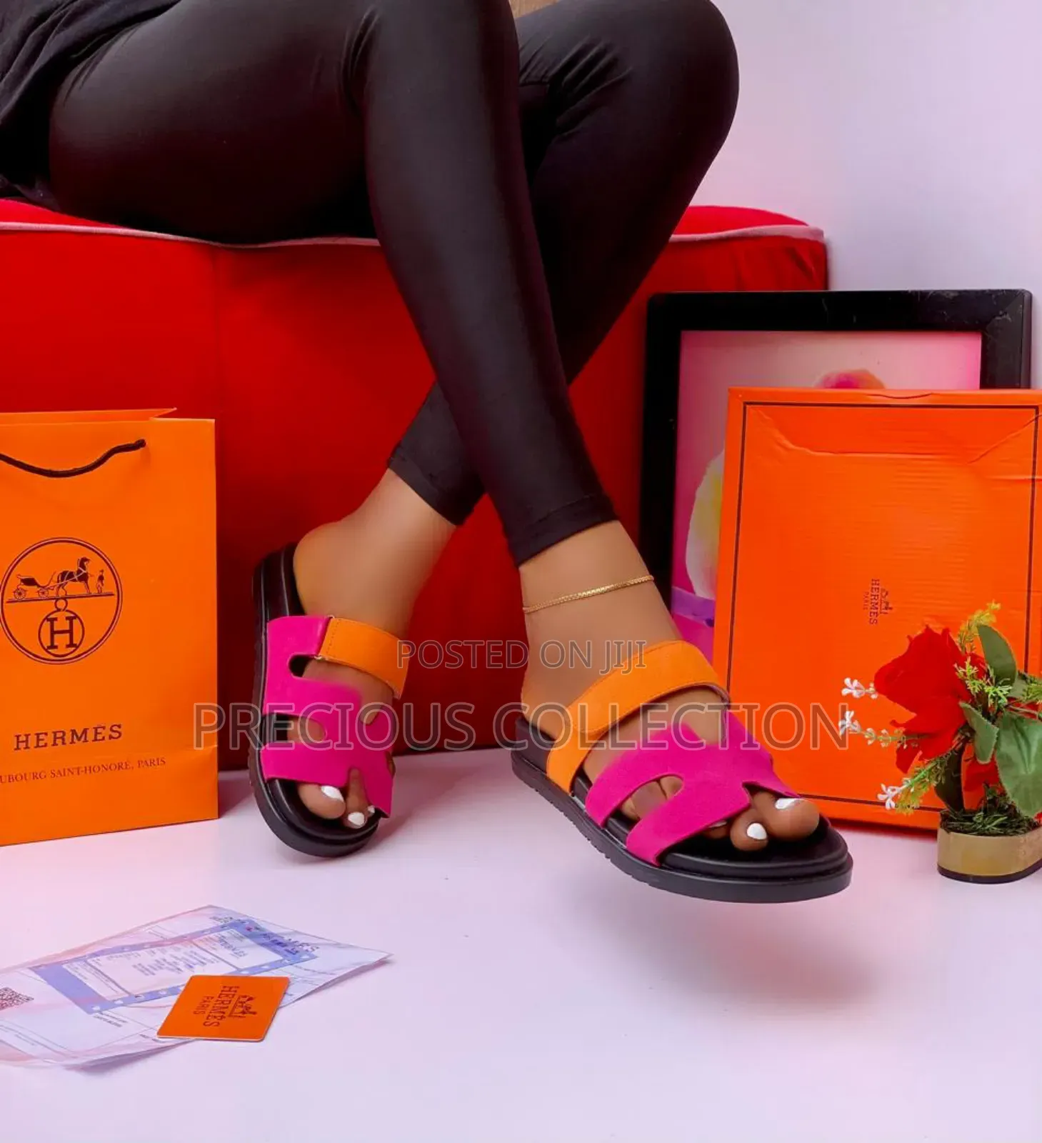 Ladies Hermes Leather Strap Slides