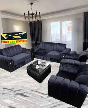 Black Couch; 7 Seaters Sofa Chairs and Glass Table
