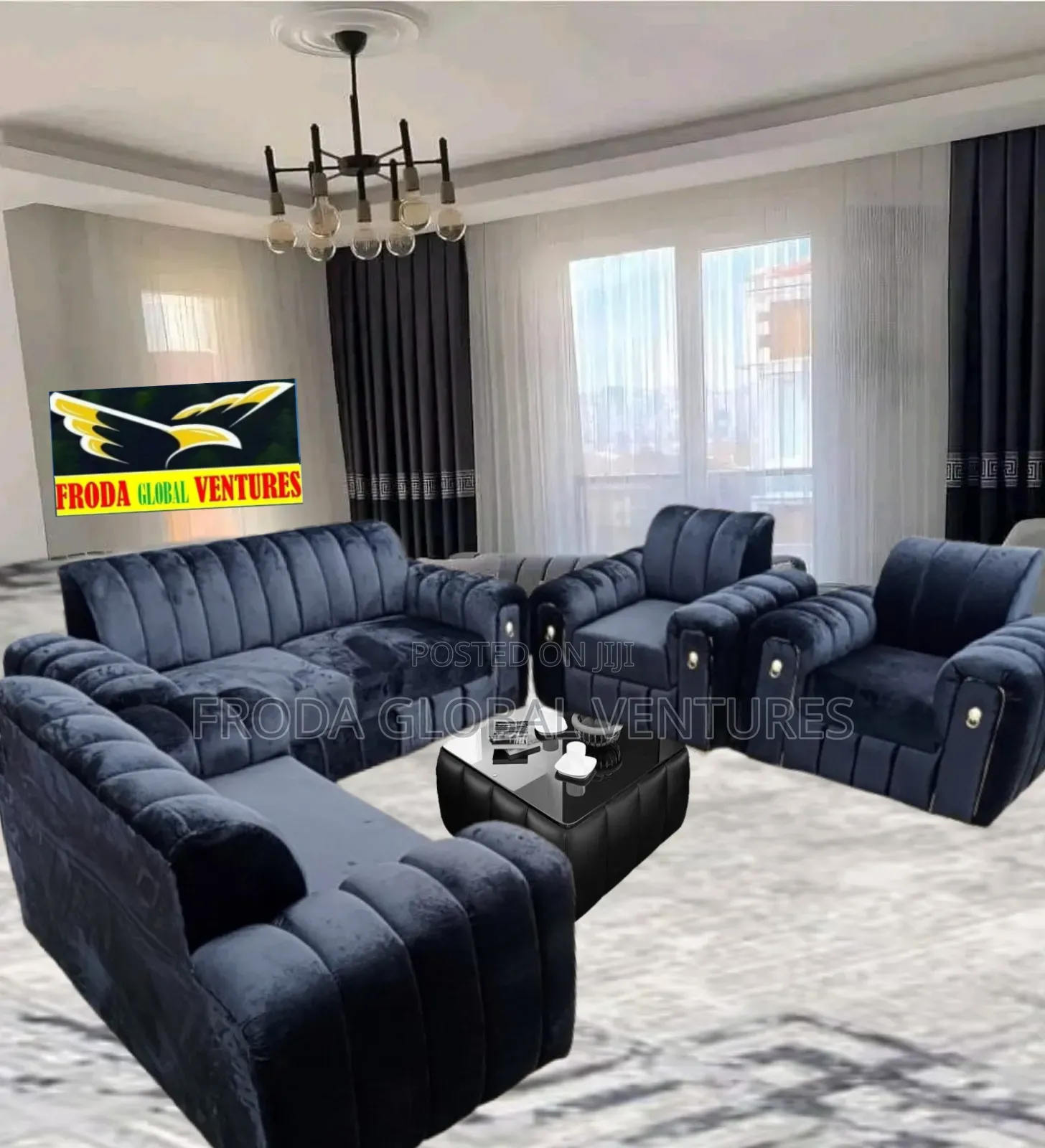Quality Sofa Chairs and Glass Table. Black Couches