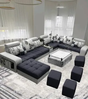 Living Room Couch. 9-Seater U-Shape Sofa, Table and Stools