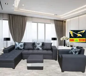 Set of L-Shape Sofa and Single Chair With Puffy Table. Black