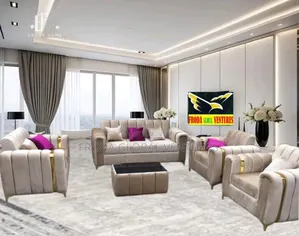 Sitting Room Couch. 7 Seaters Sofa Chairs and Glass Table