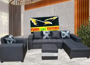 Quality L-Shape Sofa, Single Chair,Puffy Table. Black Fabric