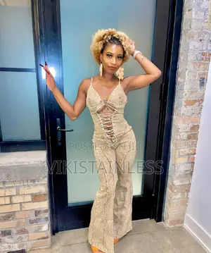 Photo - Quality Ladies Fashion Hollow Tie Waist Denim Jumpsuit
