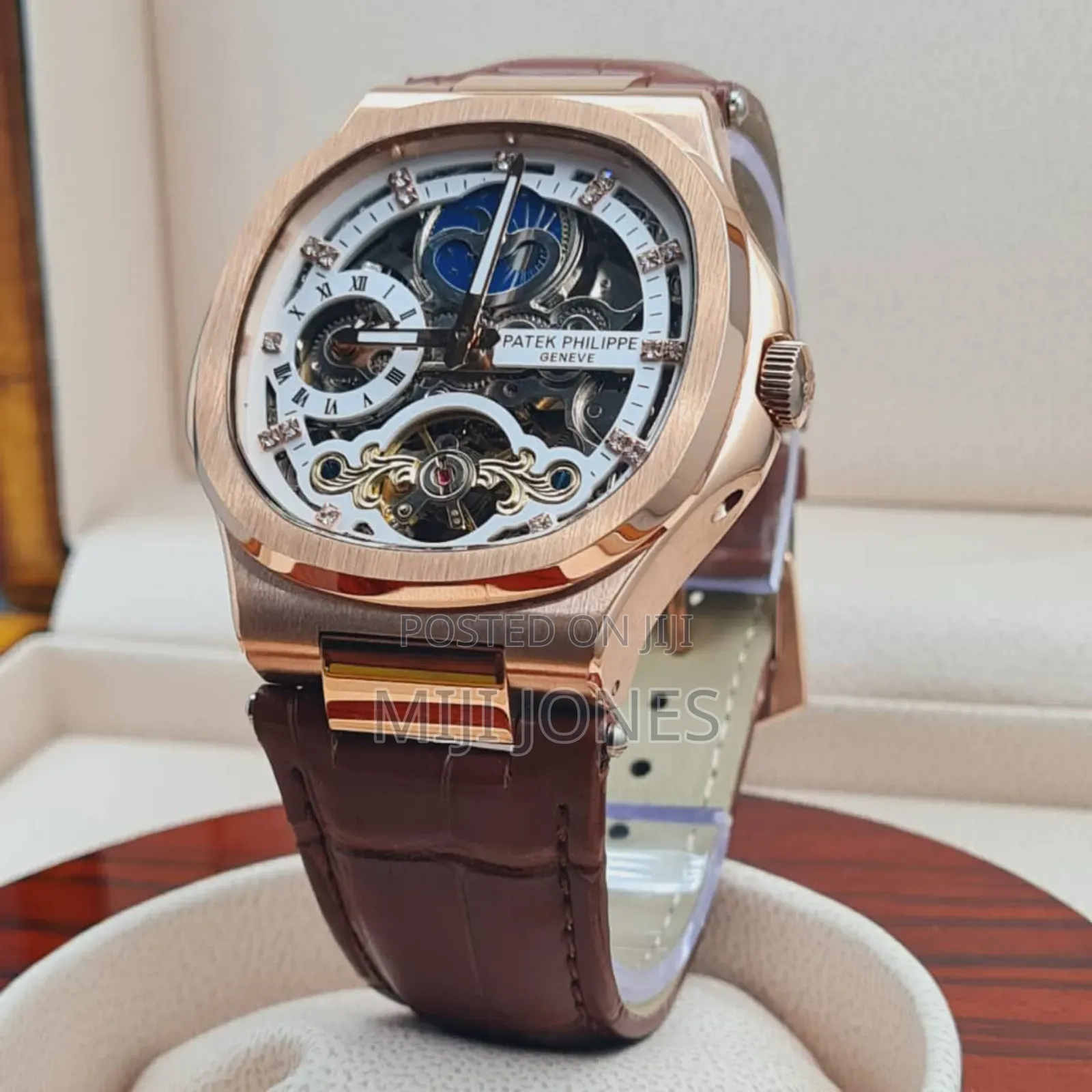 "Brown Leather Patek Philippe Skeleton Watch Replica"