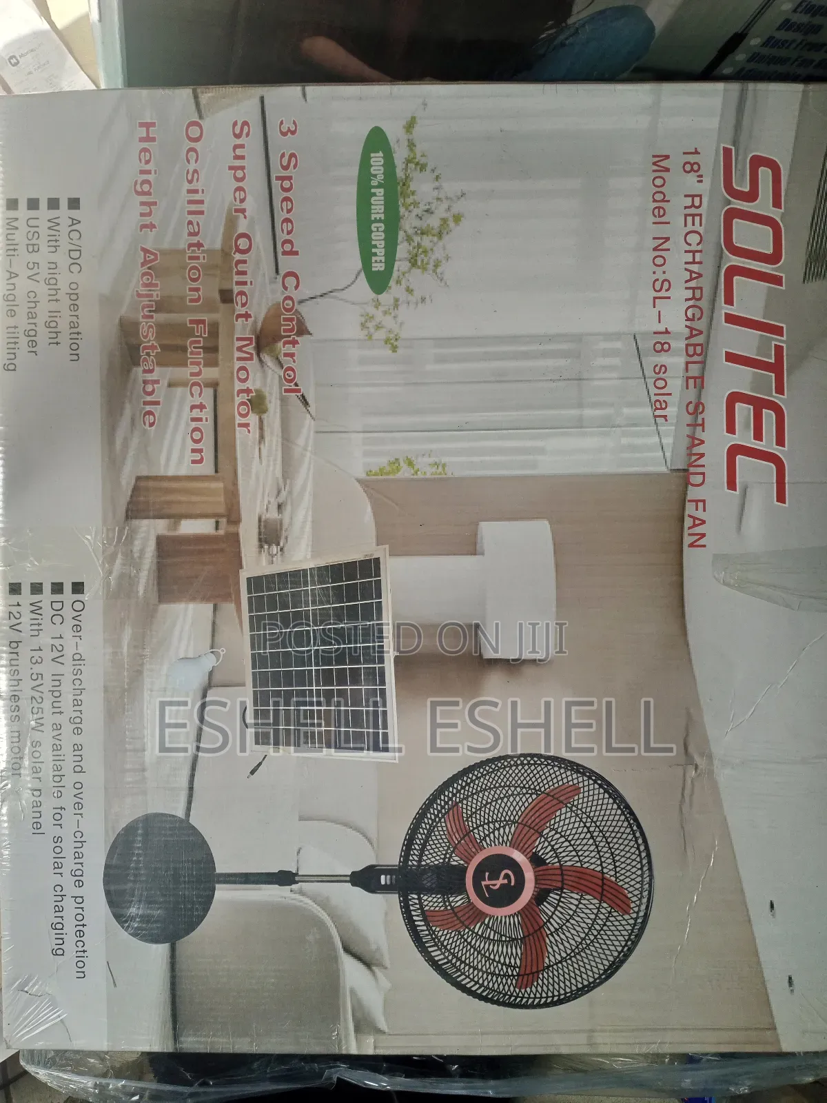 Solitec 18" Solar Rechargeable Standing Fan With Solar Panel