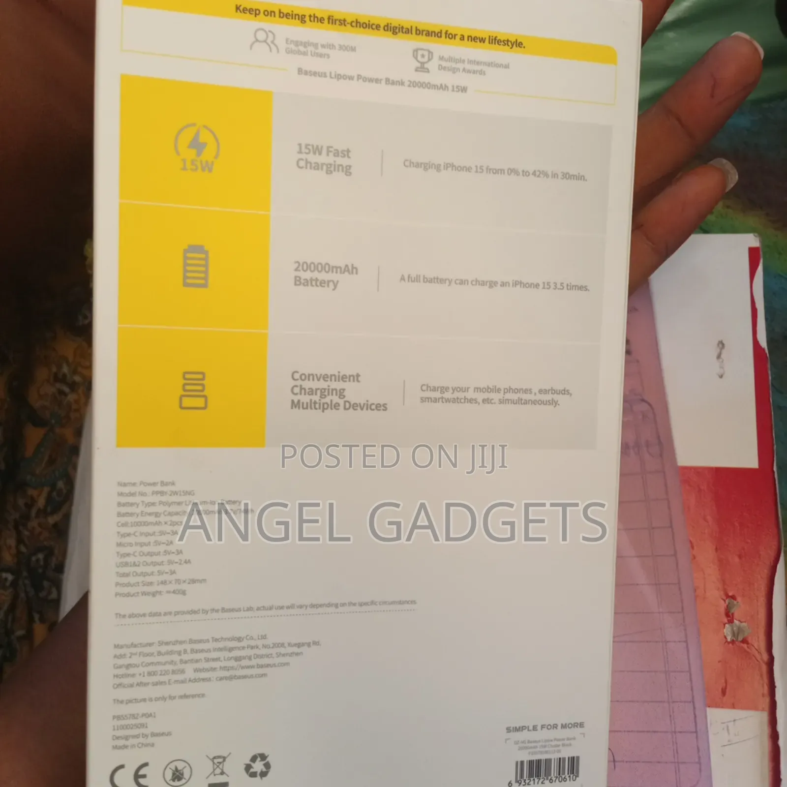 Baseus15w 20000mah Fast Charging PBK Type-C Input Output