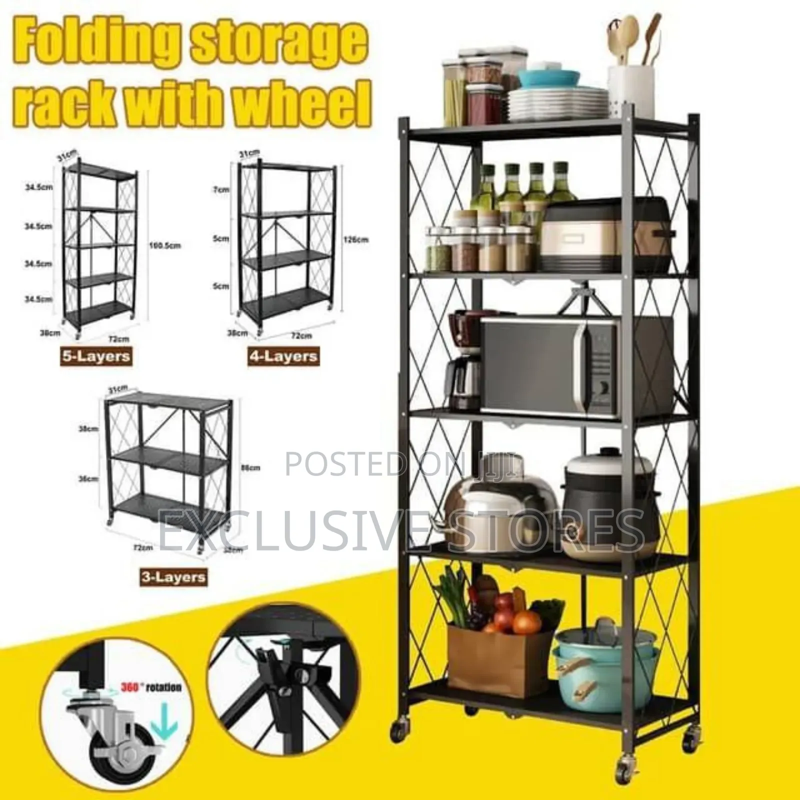 5layer Foldable Metallic Kitchen Trolley With Tyres