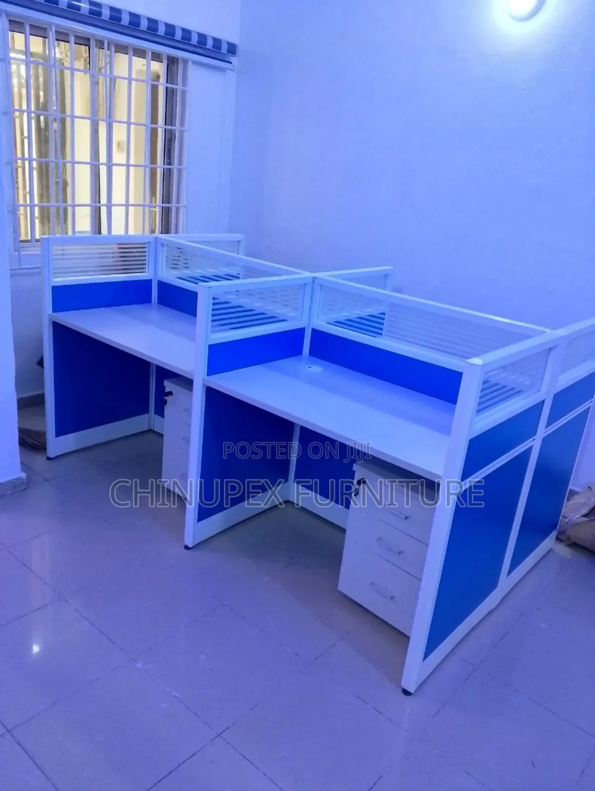 Blue and White 4 Seaters Office Table Workstation