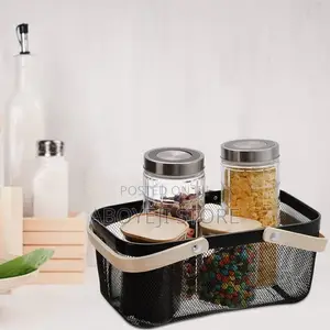 Metal Mesh Steel Storage Organizer Basket With Bamboo Handle