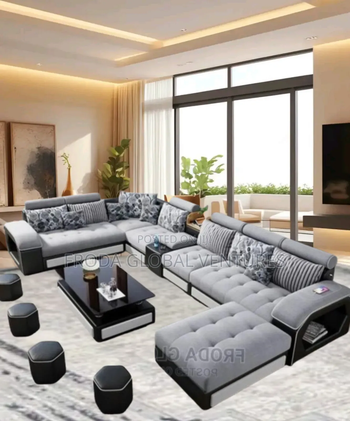 Quality U-Shape Couch. 9-Seater Sofa, Table, Stools. Ugefbl2