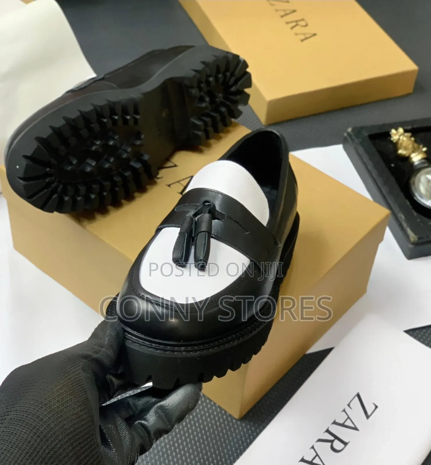 Premium Zara Black-White Tassel Leather Shoe