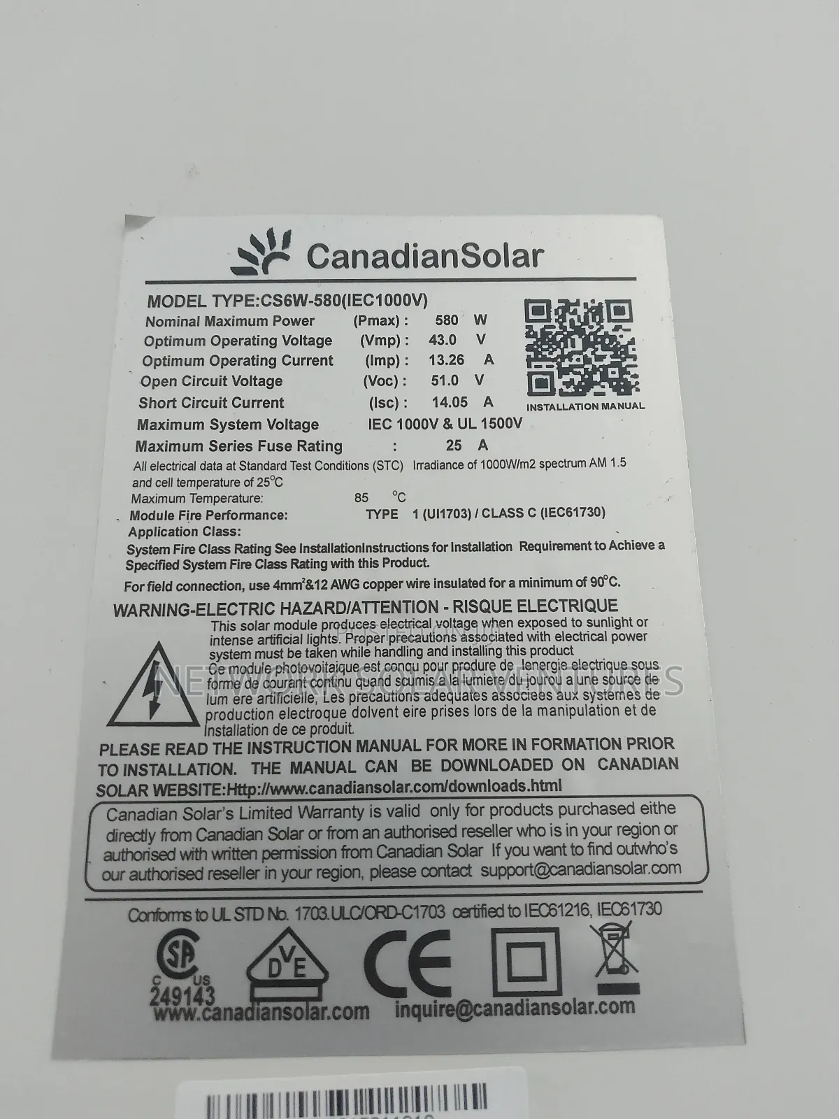 580w 43v 144cell Canadian Solar Panel