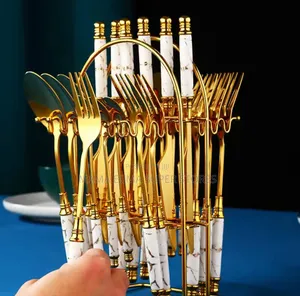 24pcs Ceramic Handle Tableware Set Gold Fork Spoon Knife Set
