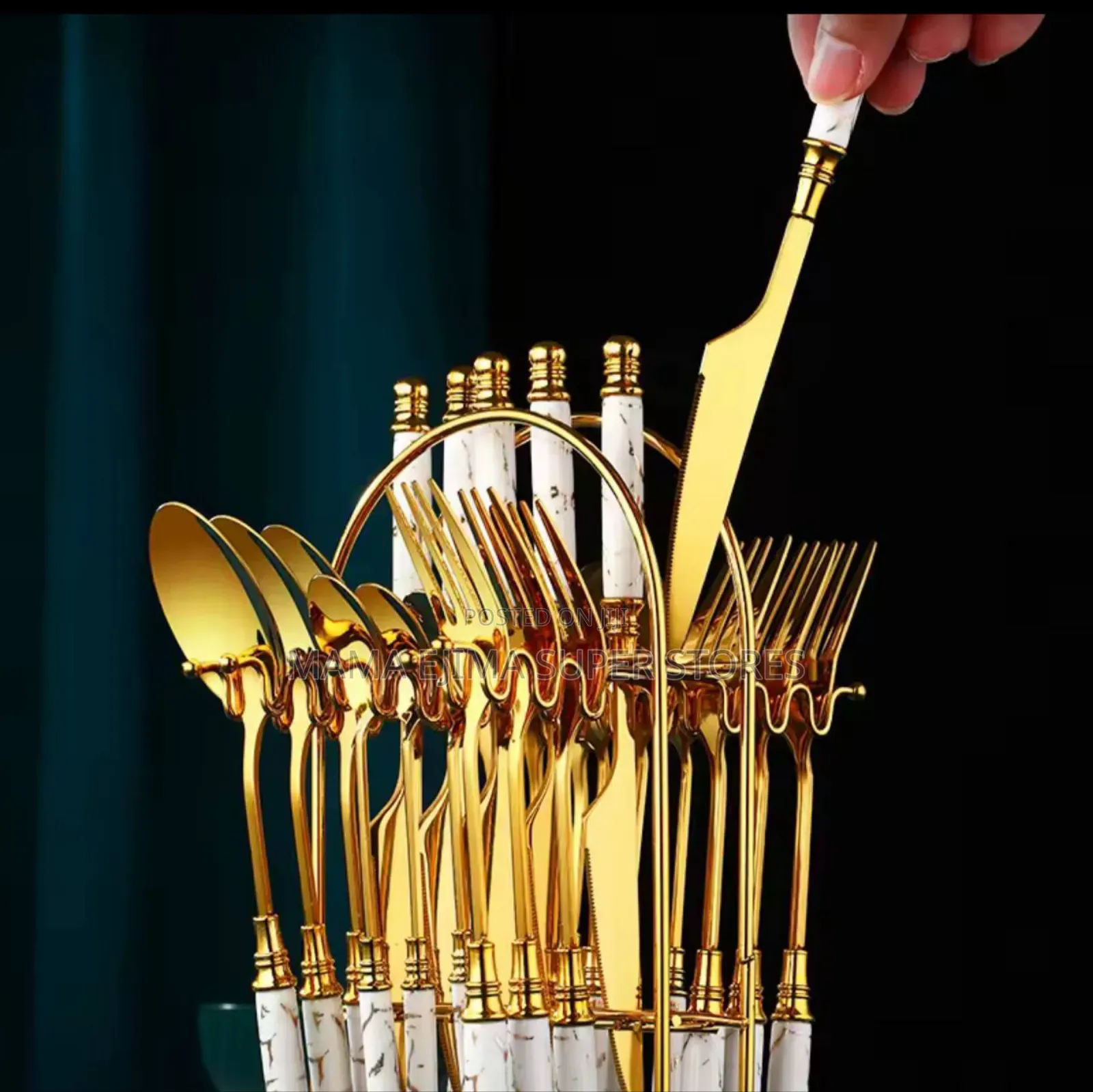 24pcs Ceramic Handle Tableware Set Gold Fork Spoon Knife Set